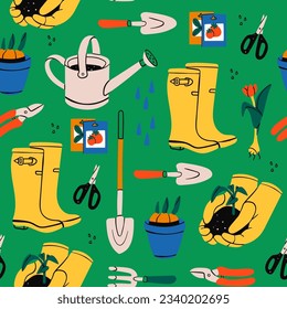 Various garden items. Gardening Tools. Gloves with seedling, flower pot, tulip, shears, scissors, shovel, rubber boots, watering can, seeds. Hand drawn Vector seamless Pattern. Horticulture concept