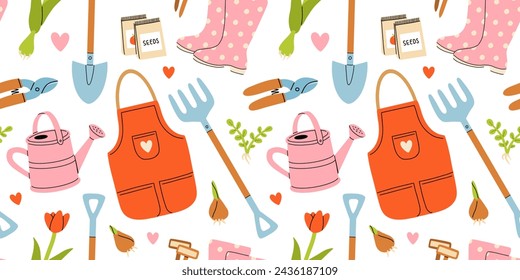 Various garden items. Gardening Tools. Gloves with seedling, flower pot, tulip, shears, scissors, shovel, rubber boots, watering can, seeds. Hand drawn Vector seamless Pattern. Horticulture concept