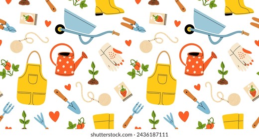 Various garden items. Gardening Tools. Gloves with seedling, flower pot, tulip, shears, scissors, shovel, rubber boots, watering can, seeds. Hand drawn Vector seamless Pattern. Horticulture concept