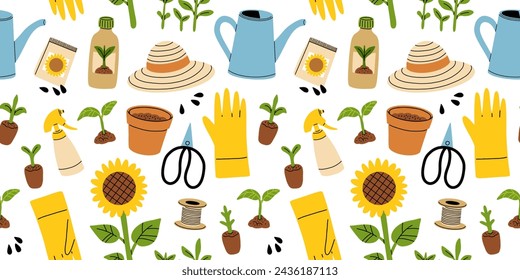 Various garden items. Gardening Tools. Gloves with seedling, flower pot, tulip, shears, scissors, shovel, rubber boots, watering can, seeds. Hand drawn Vector seamless Pattern. Horticulture concept