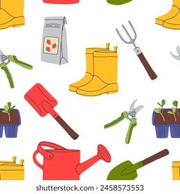 Various garden items. Gardening Tools. Gloves with seedling, flower pot, tulip, shears, scissors, shovel, rubber boots, watering can, seeds. Hand drawn Vector seamless Pattern. Horticulture concept