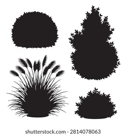 Various garden plant silhouettes featuring rounded bushes and elegant pampas grass. Decorative botanical elements for landscaping architectural visualizations and park design concepts. High contrast black nature shapes isolated on white for easy integration into outdoor scene graphic compositions.