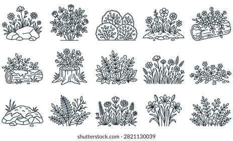 Various garden plants and flowers vector illustrations featuring bushes roses lilies stumps and logs in black and white outline style for design.