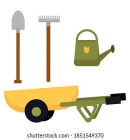 Various gardening equipment and tools. Wheelbarrow, watering can, shovel and rake. The concept of gardening. Vector illustration