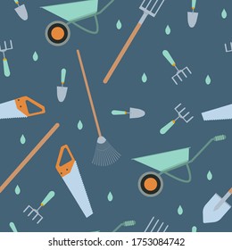 Various gardening instruments on dark blue background, vector seamless pattern. Planting backdrop. Fabric, wallpaper, wrapping paper design