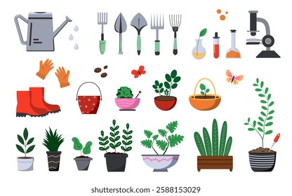 Various gardening tools, potted plants, and scientific lab equipment on a white background. Concept of gardening, plant care, and botanical science