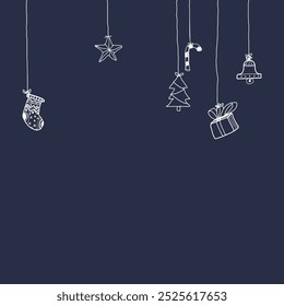 Various garlands hanging hand drawn childish style on blue background graphic illustration. Merry Christmas greeting card square template.