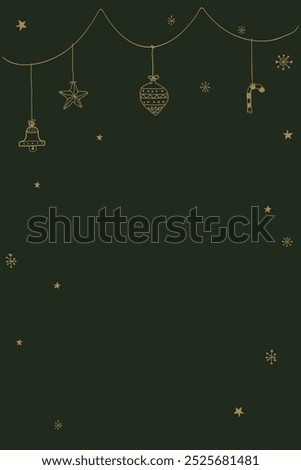 Various garlands hanging hand drawn childish style on green background graphic illustration. Merry Christmas greeting card vertical template.