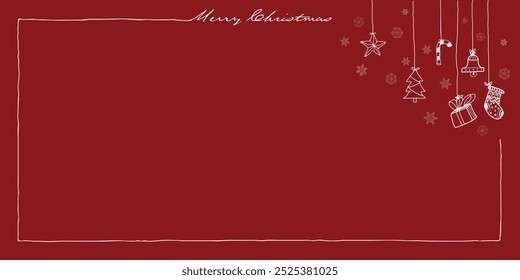 Várias guirlandas e floco de neve com quadro retangular pendurado à mão desenhado estilo infantil na ilustração gráfica de fundo vermelho. Feliz Natal modelo de cartão de saudação.
