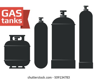 Varios iconos de silueta de tanques de gas conjunto. Oxígeno, propano, butano, metano. Ilustración vectorial monocromática