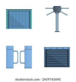 Verschiedene Gate-Icons setzen Cartoon-Vektorgrafik. Automatisches Tor und Drehkreuz. Mechanisches Hindernis