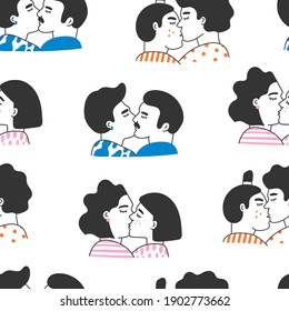 Various Gay Couples being loving and happy. Two guys and girls kissing. Pride community concept. Hand drawn Vector illustration. Square seamless Pattern. Background, wallpaper