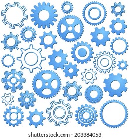 Various gear wheel collection blue vector silhouette