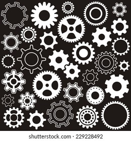 Various gear wheel collection white vector silhouettes