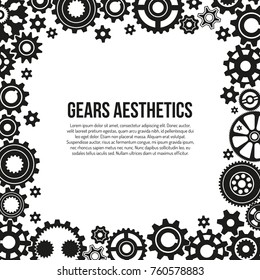 Various gears and cogwheels in engagement frame template - black and white illustration.