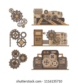 Various gears, spinning for interaction, machines with various buttons, toggle switches and knobs produce energy and goods. And all this style of flat