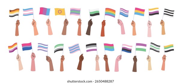 Various genders flags in peoples hands for LGBT pride month. Vector illustrations collection for an annual celebration of gender diversity