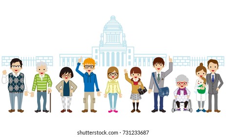Various generation people standing in front of Japan National Diet Building