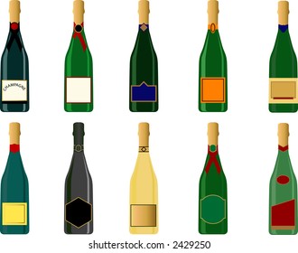 Various generic champagne bottles in vector format. Labels can be used for text messages.