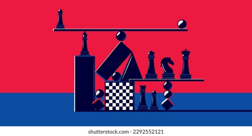 Various geometric and chess pieces in an abstract style. The concept of balance, intellectual game, stability. Game of chess.