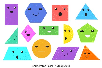 Various geometric figures with faces cartoon illustration set. Colorful square, circle, rectangle, octagon, pentagon, triangle, trapezium with sad, happy, surprised faces. Geometry, emotions concept