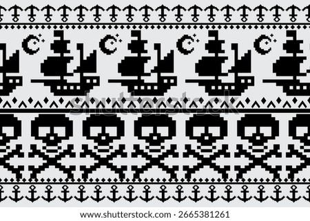 Various geometric patterns decorate the entire horizontal seamless surface in black and white tones.