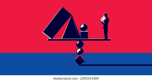 Various geometric shapes in an abstract style and a person reading a phone or electronic device.