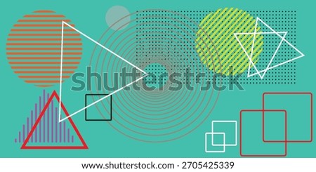 Various geometric shapes: circles, triangles, and squares, some outlined, some filled with horizontal lines, diagonal stripes, or dot grids, overlapping on a vibrant teal surface.