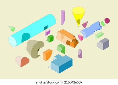 Various Geometric Shapes In Cross Section With Each Other, Isometric Abstract Background.