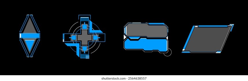 Various geometric shapes and designs are displayed, highlighting blue outlines against a dark backdrop. The patterns demonstrate modern graphic design techniques.