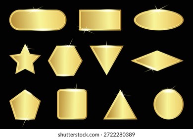Verschiedene geometrische Formen in Gold mit Rahmen und Lichteffekten. Rund, Quadrat, Kreis, Dreieck, Stern, Sechseck, Fünfeck, Rechteck