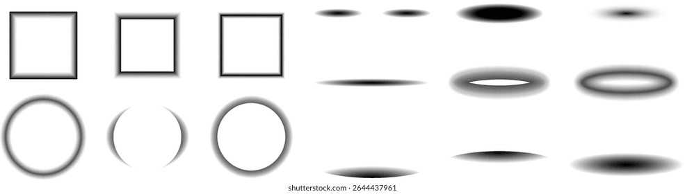 Various geometric shapes and gradients presented in a monochrome style with distinct outlines and shading effects.