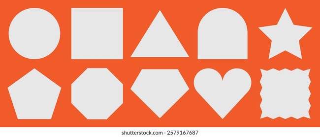 Various geometric shapes including circle, square, triangle, and star on an orange background. Shapes like heart and pentagon are also featured prominently. Memo element vector set.