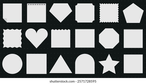 Various geometric shapes including circles, squares, triangles, and stars. Shapes with unique edges and corners. Geometric shapes for design and art. Memo element vector set.