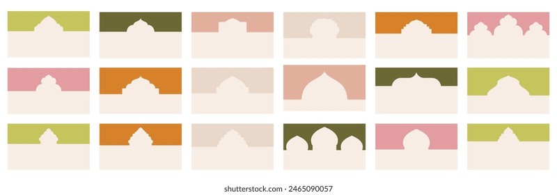 Various geometric shapes for website header or footer sections adorned with Islamic architectural elements. Landing page separator template for structuring design layouts, in vector flat styling.