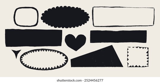 Various geometrical shapes with ripped border. Simple figures with rough torn edges. Black vector collage torn paper piece or vintage paint stain silhouette isolated on light background. Vector