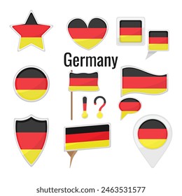 Varias banderas de Alemania colocadas en el poste, la bandera de mesa, la marca, la insignia de la estrella y diferentes insignias de las Formas. Pegatina patriótica alemana