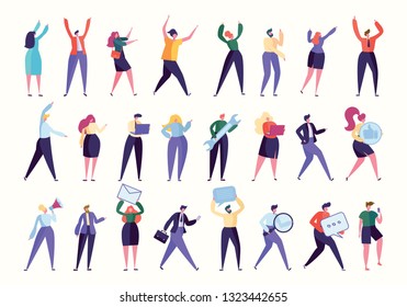 Various Gesture Employee Team Stand Together Set. Business Work Isolated. Manager Help, HR Found New Worker, People with Computer, Corporate Business. Flat Cartoon Vector Illustration Collection