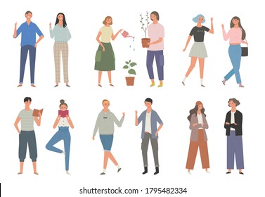 Various Gestures And Actions Of Stylish People. Flat Design Style Minimal Vector Illustration.