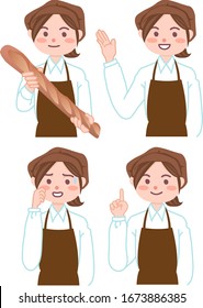 Various gestures of bakery clerk.