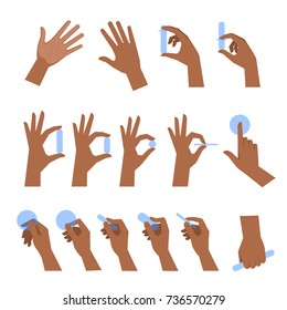 Various gestures of black human hands isolated on a white background. Flat illustration set of afro-american hands holding objects in a different situations. Vector design element for infographic, web