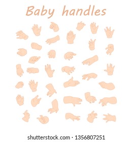 Various gestures of children's human hands isolated on a white background. Vector flat illustration of baby hands in different situations. Vector design elements for infographics, web, internet.