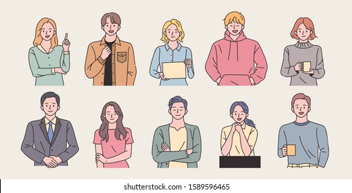 Various gestures and fashions of people working in the office. flat design style minimal vector illustration.