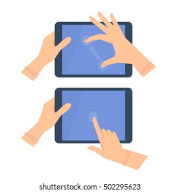 Various gestures of female hand with tablet screen. Vector flat illustration of woman's hands, portable PC, pad with interactive multitouch display. Vector design element for infographic, presentation