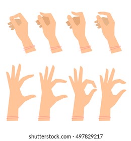 Various gestures of female hands on a white background. Vector flat illustration of woman's hands in different situations. Vector design elements for infographic, web, internet, presentation, booklet.