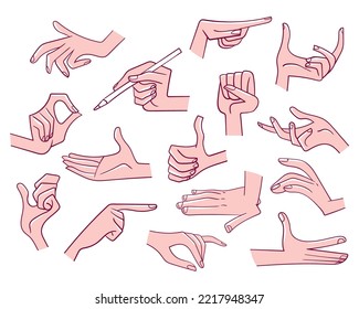 Various gestures of hands. Set of cartoon vector illustrations. Isolated on white background