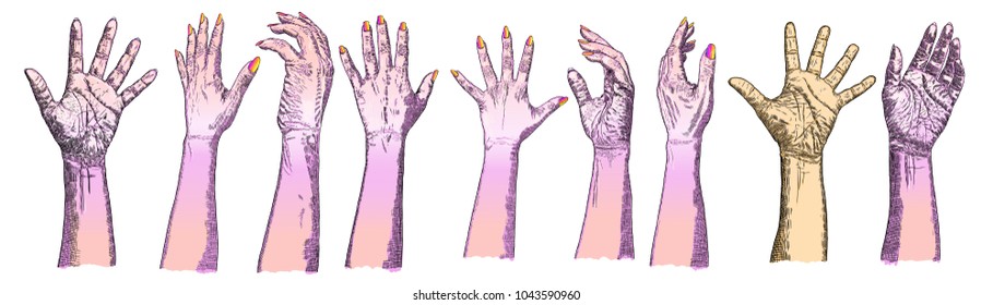 Various gestures of human hands. Hand drawn female hands in different situations isolated on white background. Set of design elements. Vector.
