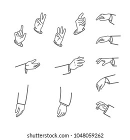 Various gestures of human hands isolated on a white background. Vector line art illustration of hands in different situations. Vector design elements for infographic, web, internet, presentation.