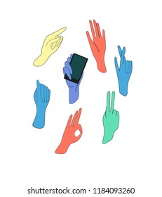 Various gestures of human hands isolated on a white background. Vector flat illustration of female hands in different situations. 