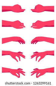 Various gestures of human hands isolated on a white background. Vector flat illustration of pink hands in different situations. Vector design elements for infographic, web, internet, presentation. 